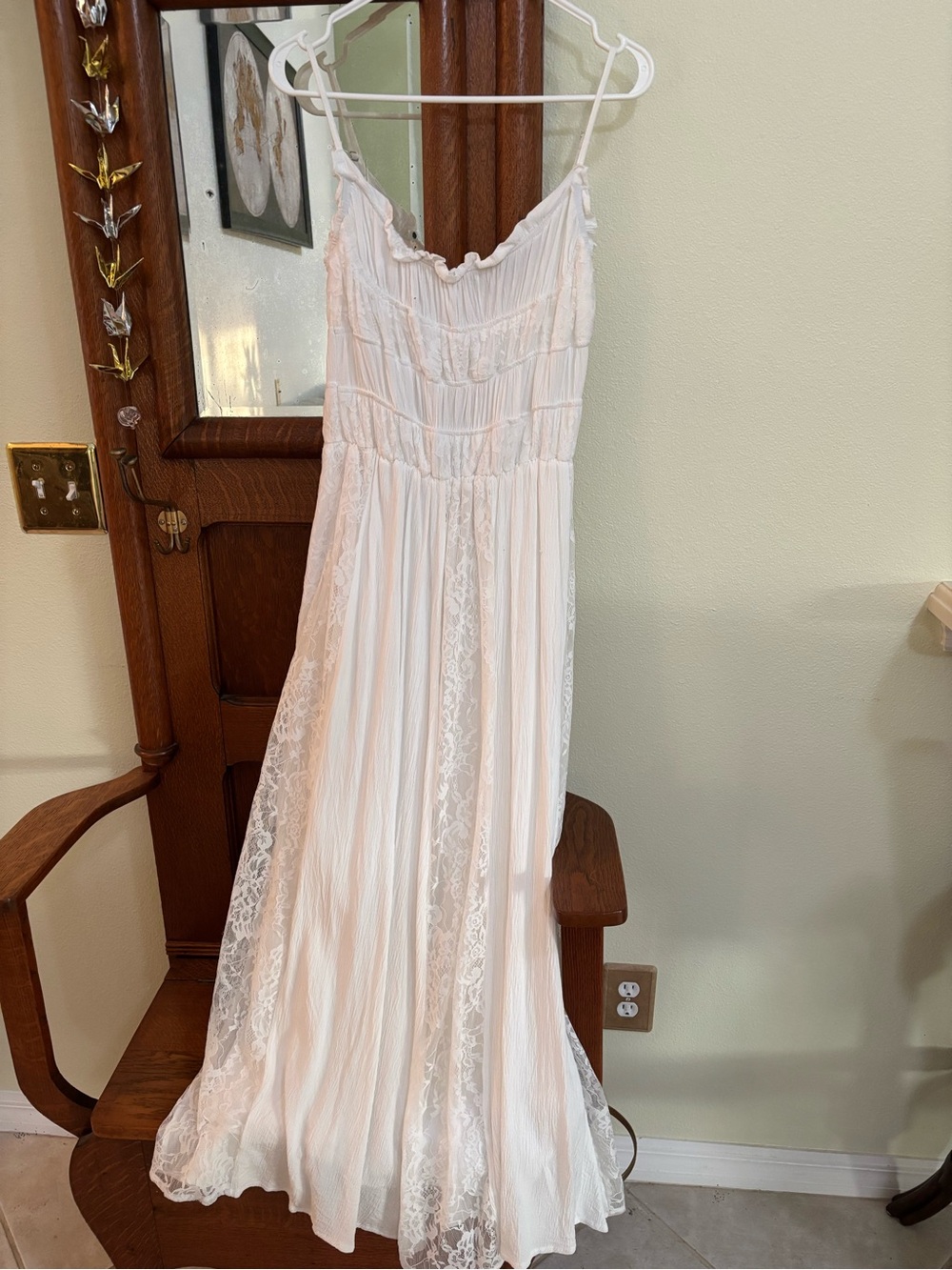 Lace-Panel White Maxi Slip with Delicate Gathered Bodice